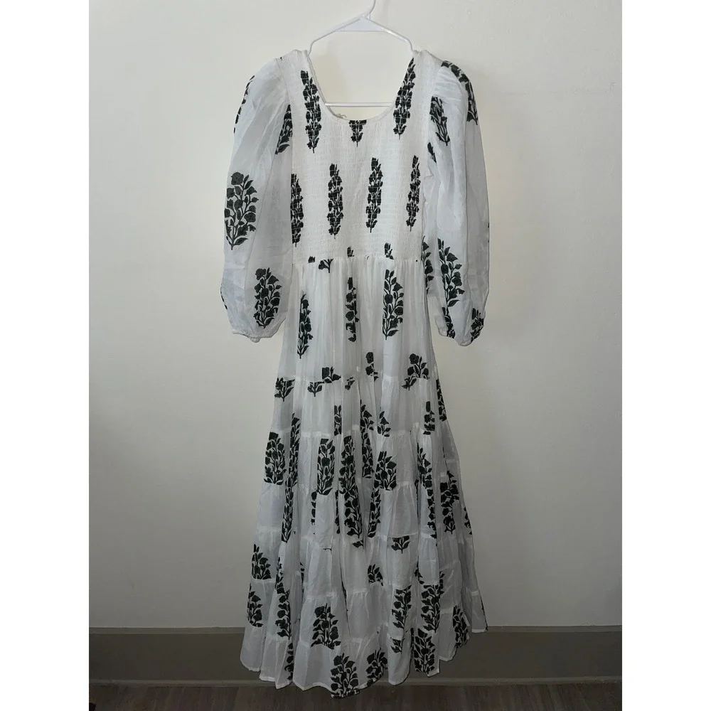 SZ Blockprints Yuva Maxi Dress White Black Floral Smocked Puff Sleeve Small NWT - Picture 4 of 4